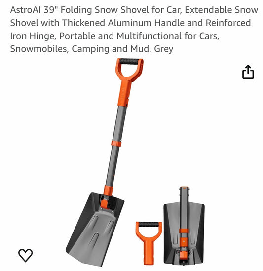 AstroAI 39" Folding Snow Shovel for Car, Extendable Snow Shovel with Thickened Aluminum Handle and Reinforced Iron Hinge, Portable and Multifunctional for Cars, Snowmobiles, Camping and Mud, Grey
