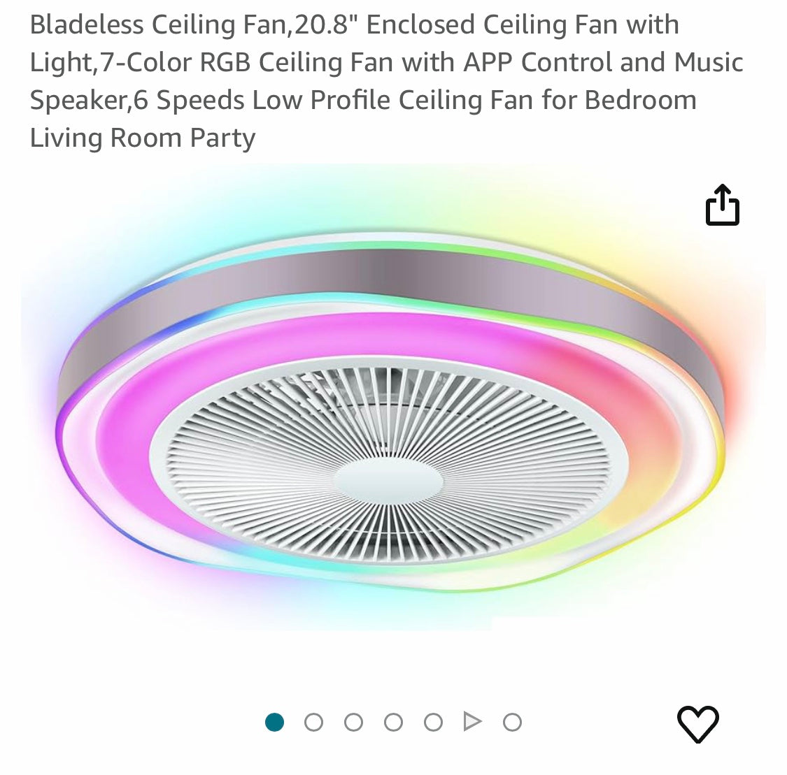 Bladeless Ceiling Fan,20.8" Enclosed Ceiling Fan with Light,7-Color RGB Ceiling Fan with APP Control and Music Speaker,6 Speeds Low Profile Ceiling Fan for Bedroom Living Room Party