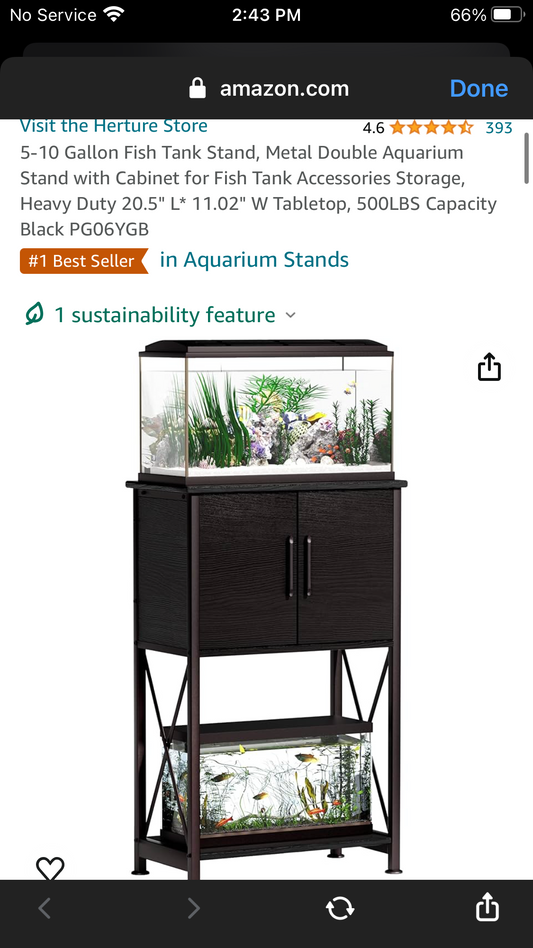 5-10 Gallon Fish Tank Stand, Metal Double Aquarium Stand with Cabinet for Fish Tank Accessories Storage, Heavy Duty 20.5" L* 11.02" W Tabletop, 500LBS Capacity Black PG06YGB
