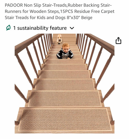 Non Slip Stair-Treads,Rubber Backing Stair-Runners for Wooden Steps,15PCS Residue Free Carpet Stair Treads for Kids and Dogs 8"x30" Beige