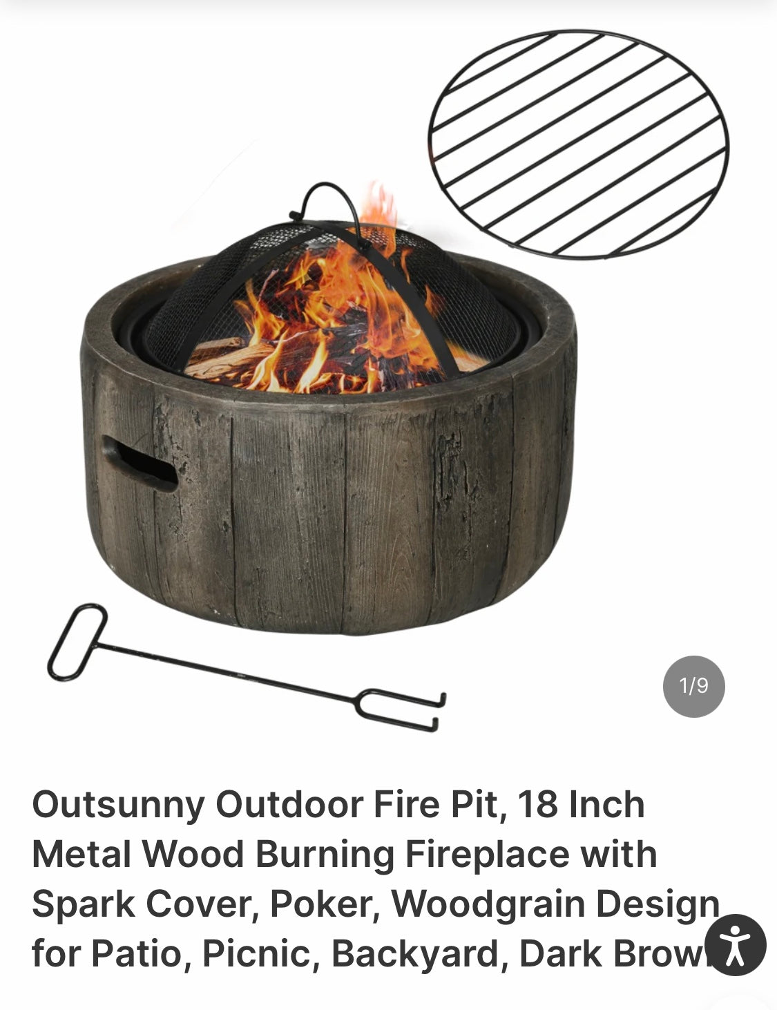 Outdoor Fire Pit, 18 Inch Metal Wood Burning Fireplace with Spark Cover, Poker, Woodgrain Design for Patio, Picnic, Backyard, Dark Brown