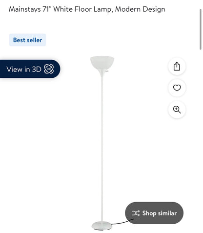 Mainstays 71" White Floor Lamp, Modern Design (tested)