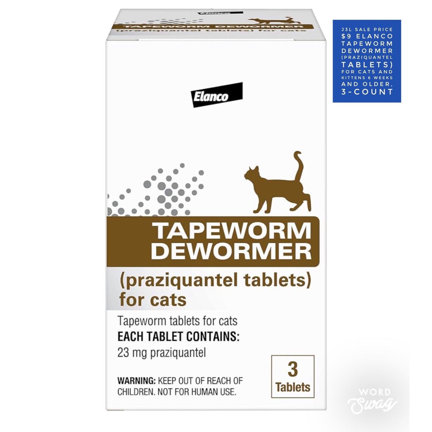 Elanco Tapeworm Dewormer (praziquantel tablets) for Cats and Kittens 6 Weeks and Older, 3-count