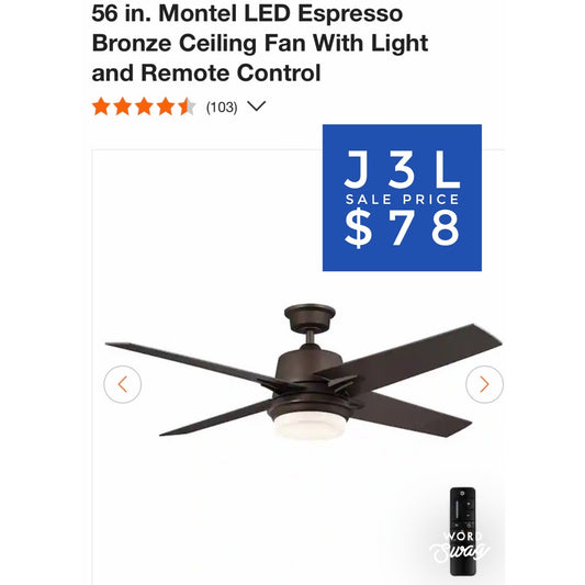 56 in. Montel LED Espresso Bronze Ceiling Fan With Light and Remote Control