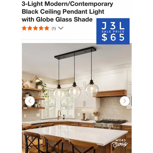 3-Light Modern/Contemporary Black Ceiling Pendant Light with Globe Glass Shade