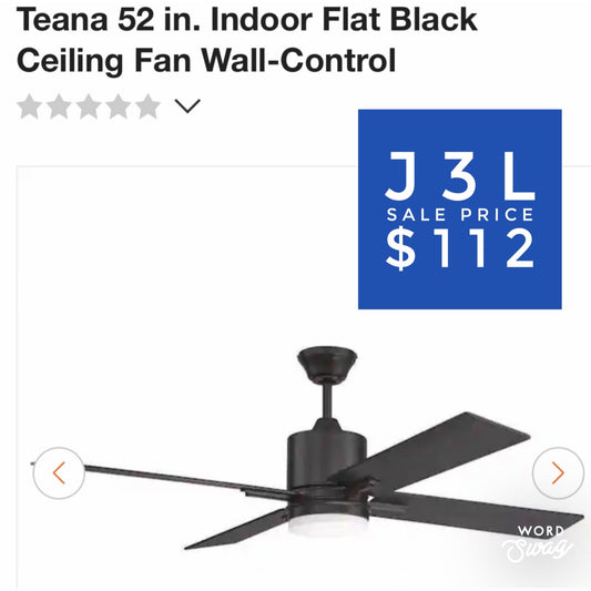 Teana 52 in. Indoor Flat Black Ceiling Fan Wall-Control