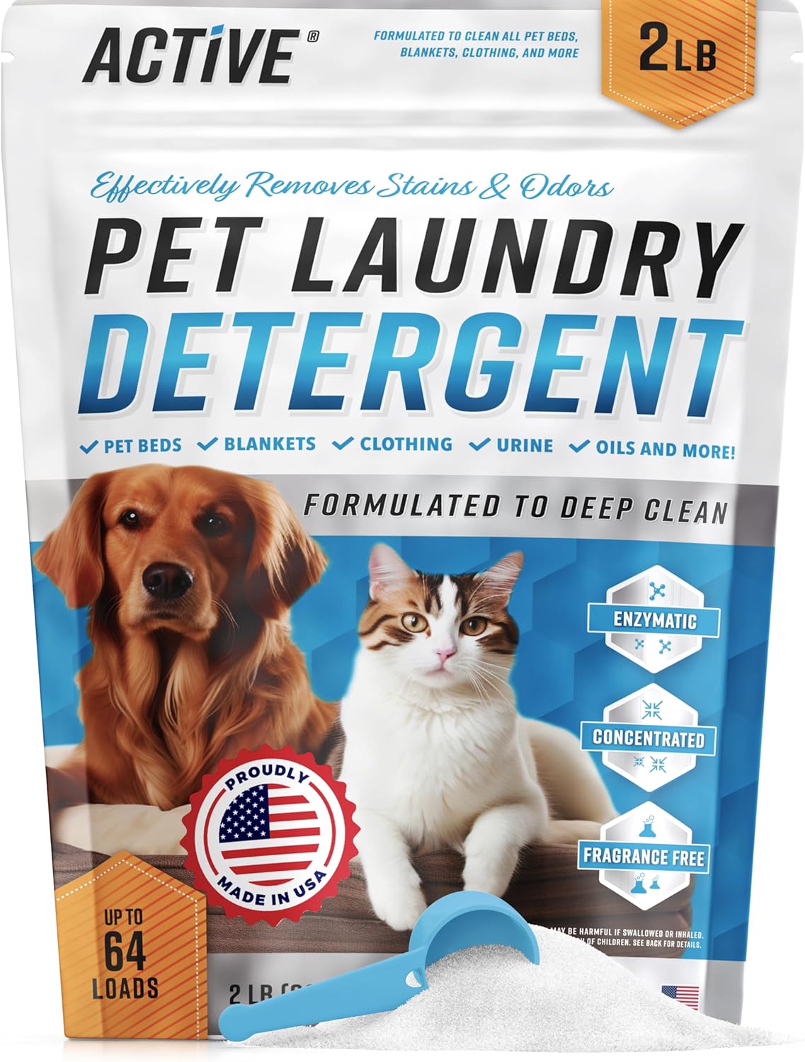 Pet Laundry Detergent Odor Remover - ACTIVE Enzyme Based Powder Detergent for Dogs Beds, Cat Pee, HE Washer Friendly Natural Enzymatic Deodorizer, Urine, Smell, Dog Drool, Stain Eliminator - 64 Loads