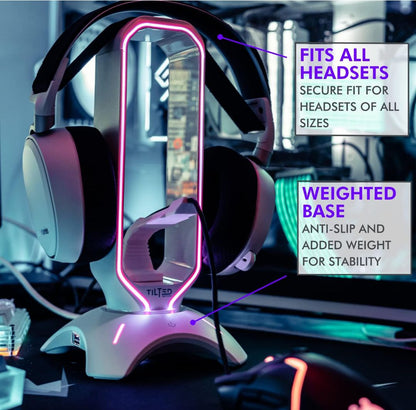 Tilted Nation RGB Headset Stand - 3 in 1 Gaming Headphone Stand for Desk with Mouse Bungee and 2 Port USB 3.0 Hub Charger - The Ultimate Gaming Accessory and Gift for Gamer - RGB Headset Holder