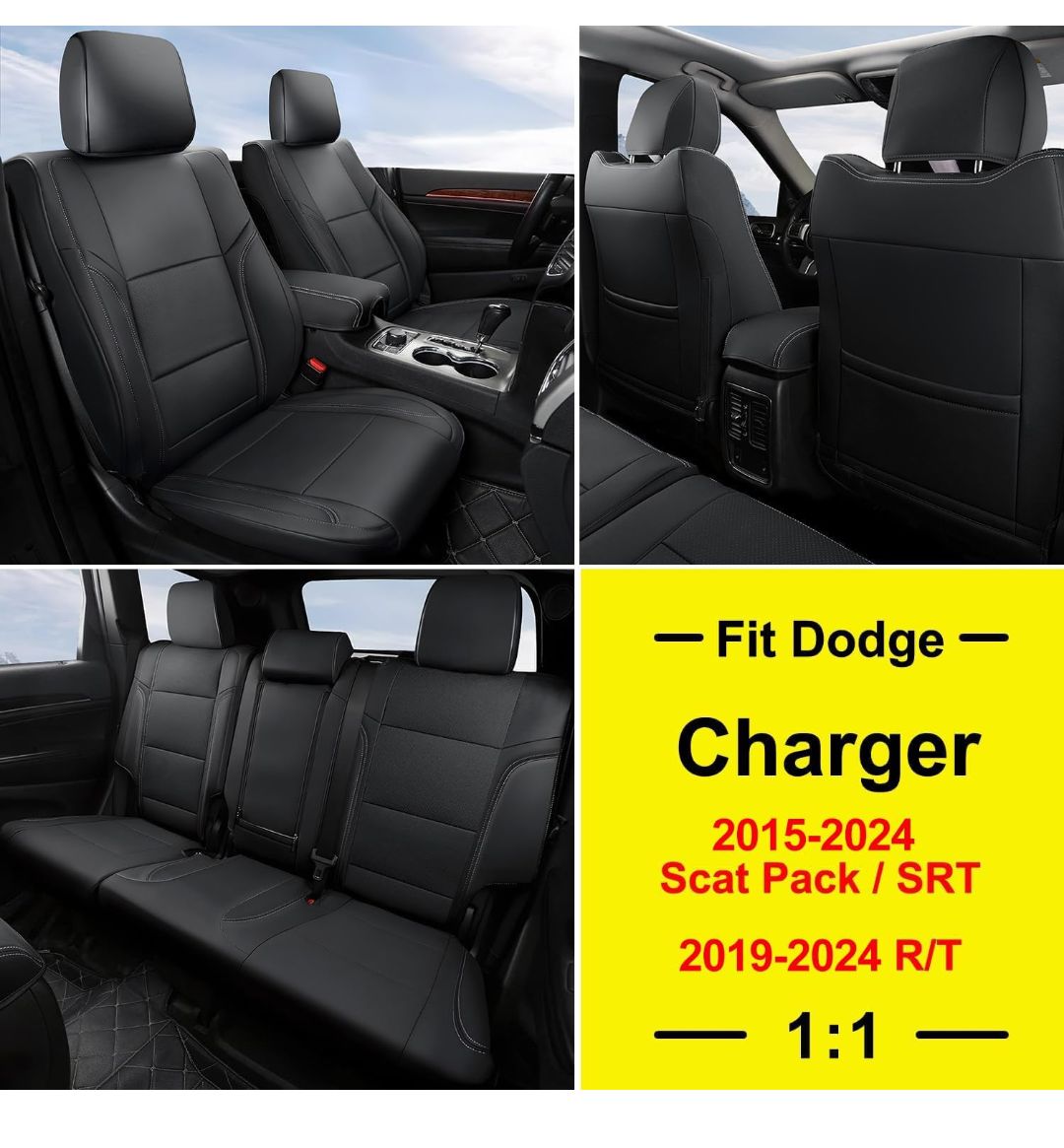 GIANT PANDA Customized Fit Charger Leather Car Seat Covers for Dodge Charger Scat Pack R/T SRT Performance Seats 2015-2024, Not fit Base/Sport Seats, Full Set (Black)