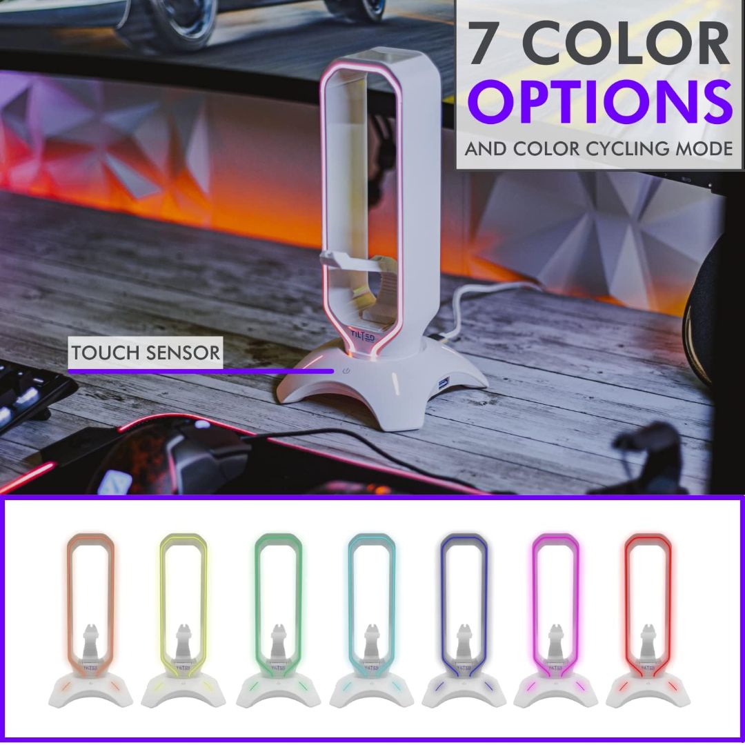 Tilted Nation RGB Headset Stand - 3 in 1 Gaming Headphone Stand for Desk with Mouse Bungee and 2 Port USB 3.0 Hub Charger - The Ultimate Gaming Accessory and Gift for Gamer - RGB Headset Holder