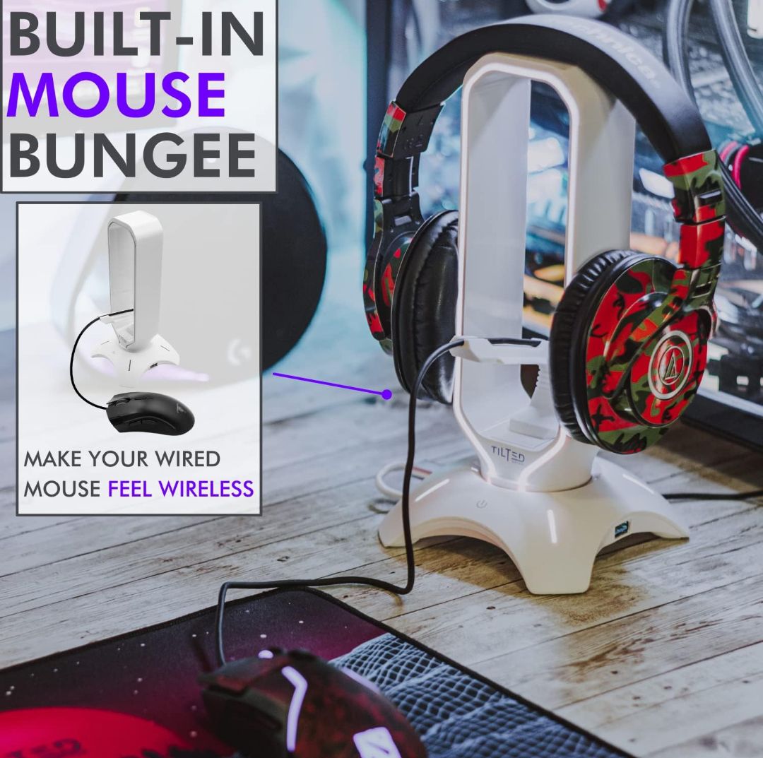 Tilted Nation RGB Headset Stand - 3 in 1 Gaming Headphone Stand for Desk with Mouse Bungee and 2 Port USB 3.0 Hub Charger - The Ultimate Gaming Accessory and Gift for Gamer - RGB Headset Holder